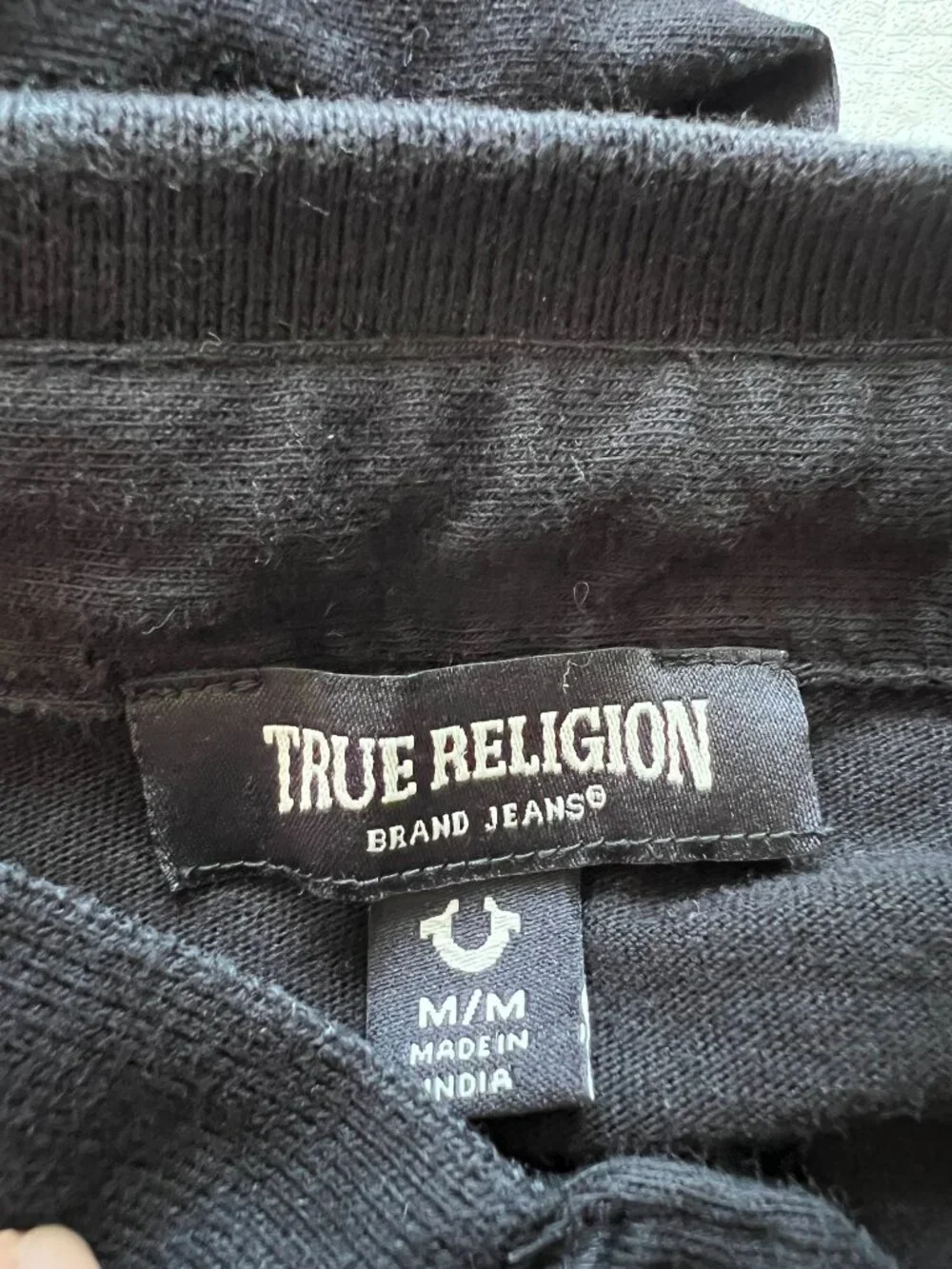 True Religion polo shirt mens Medium black short sleeve white logo collared